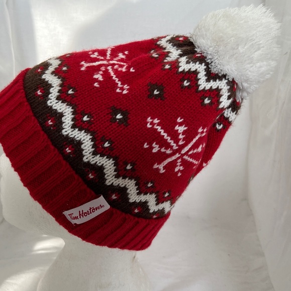 Tim Hortons Toque Pompom Beanie Red Black White Winter Hat One Size Fits All - Picture 3 of 7